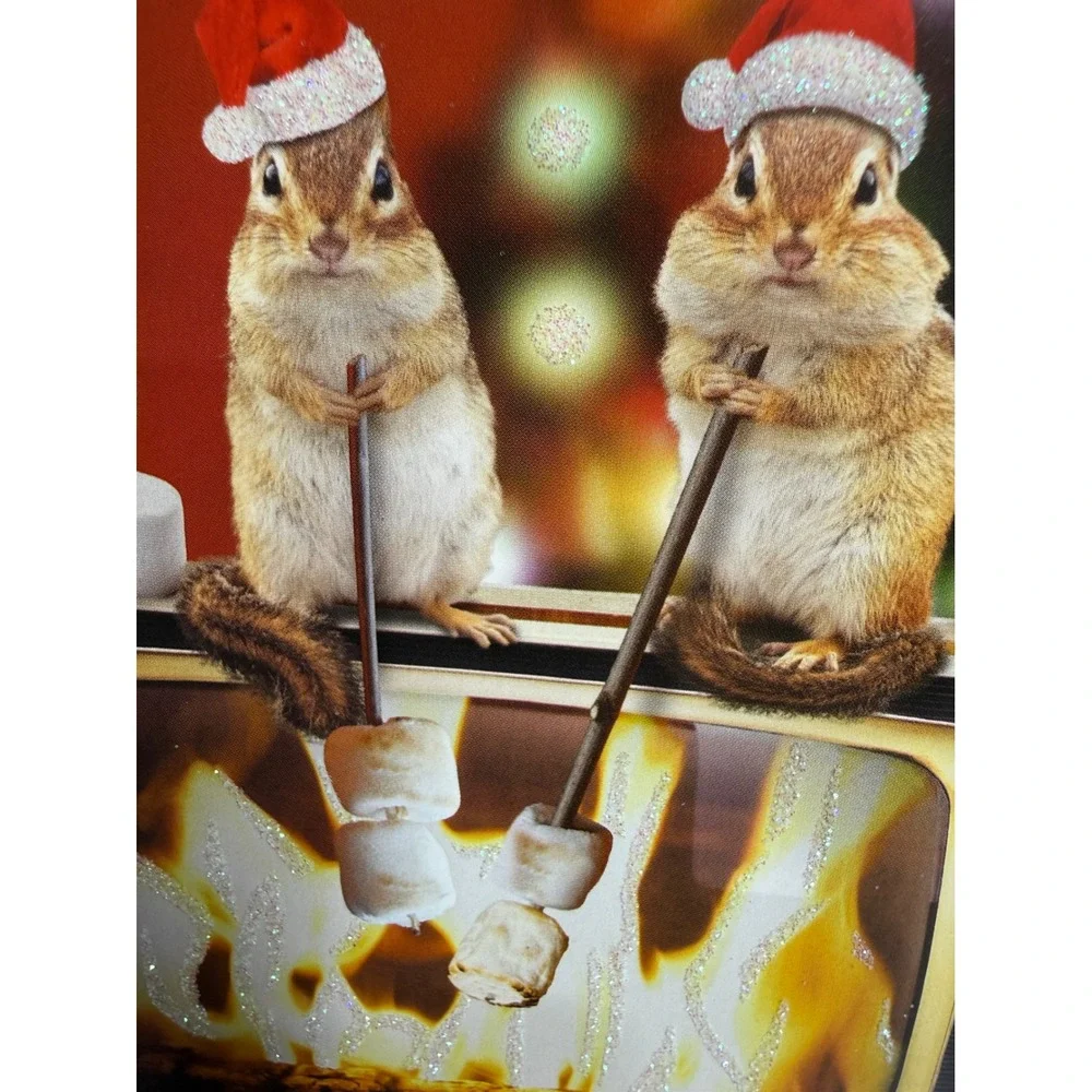 Viabella Christmas Cards 14 Count Chipmunks Roasting Marshmallows Glitter 60464